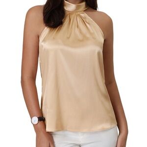 Women's Sleeveless Top Halter Neck Tie Back Satin Blouse, beige, small
